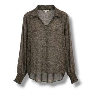 Pleione Size Medium Black Brown Leopard Animal Print Semi-Sheer Smocked Blouse